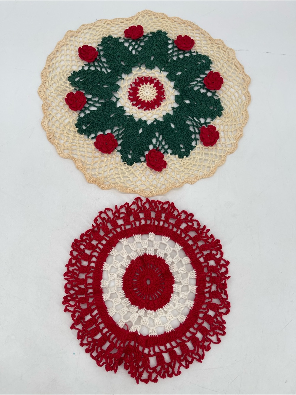 Festive Crochet Doily Set in Red, Green & Cream - Holiday Table Accents